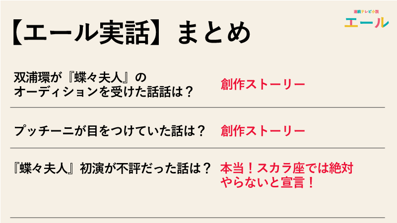 【エール実話】双浦環が蝶々夫人のオーディションを受けた話は実話なのかのまとめ